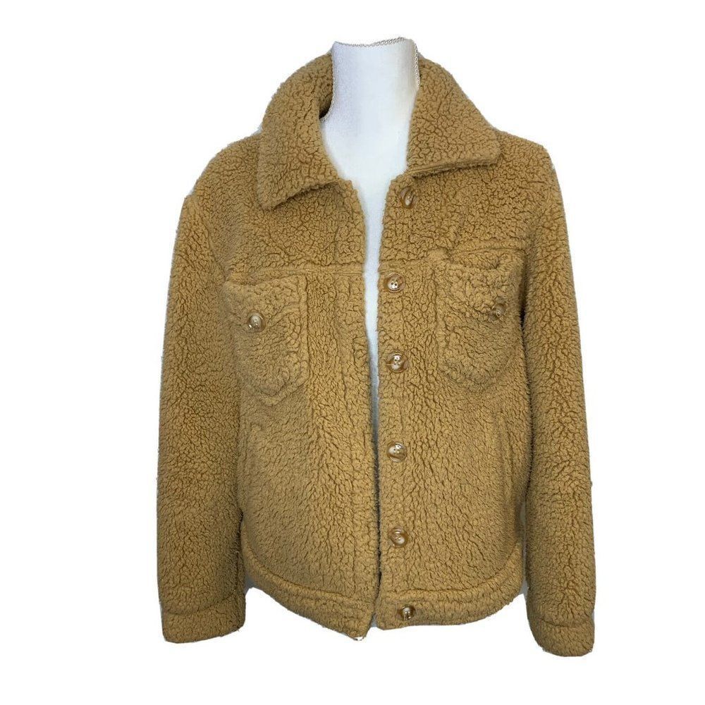 Sabrina Lauren Women’s Sherpa Jacket Sz S Tan Mustard Pockets Button Cozy Soft
